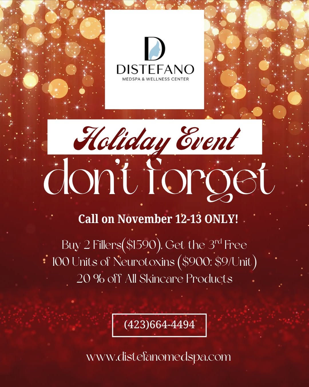 Instagram post by Dr. Deborah DiStefano: Don't forget about the Holiday Call-in Event for our friends at DiStefano MedSpa! It's a great time to freshen up your look for the holiday …