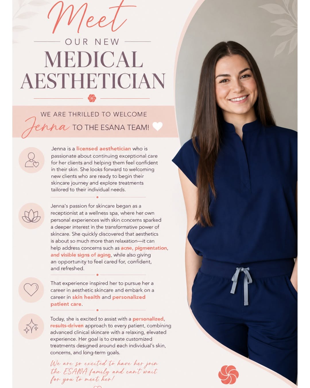 Instagram post by Dr. Deborah Pan: WELCOME JENNA! We’re so excited to welcome Jenna, our newest Medical Aesthetician, to the ESANA family. Join us -Meet Our New Aesthetician E…