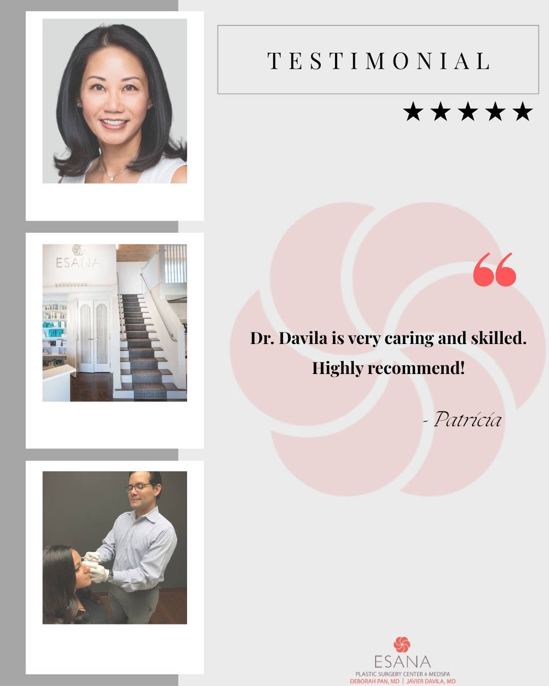 Instagram post by Dr. Deborah Pan: Thank you Patricia! ❤ Call/text 203.562.7662 to schedule an appointment with Dr. Davila. #esana #esanamedspa #drdavila #drpan #plasticsurger…