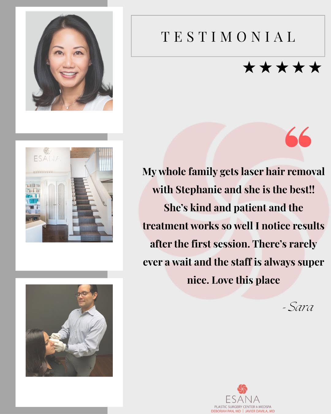 Instagram post by Dr. Deborah Pan: Thank you Sara! ❤ Call or text 203.562.7662 to schedule an appointment with Stephanie! #esana #esanamedspa #drpan #drdavila #laserhairremova…