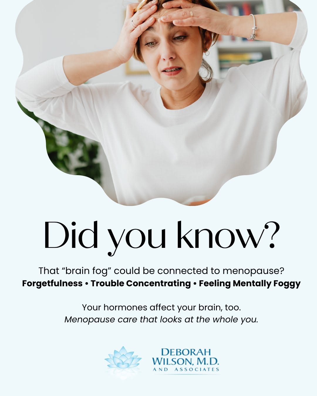 Instagram post by Dr. Deborah Wilson: Did you know menopause can affect your memory and concentration, not just your menstrual cycle? 🧠 Brain fog, forgetfulness, trouble focusin…