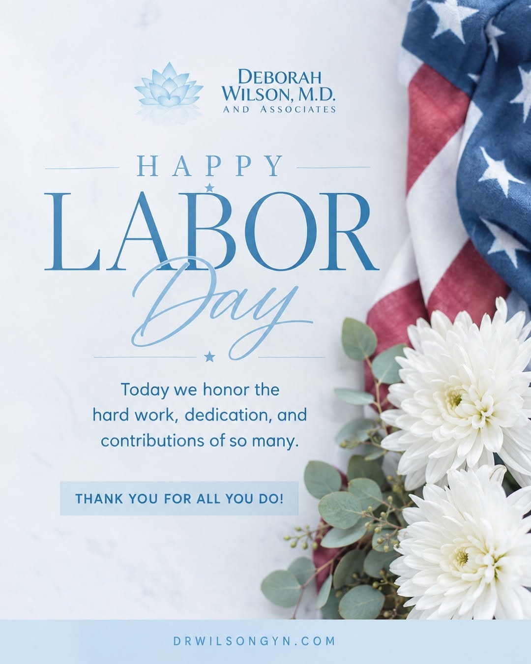 Instagram post by Dr. Deborah Wilson: In observance of Labor Day, our office will be closed as we take time to rest, recharge, and recognize the hard work of individuals througho…