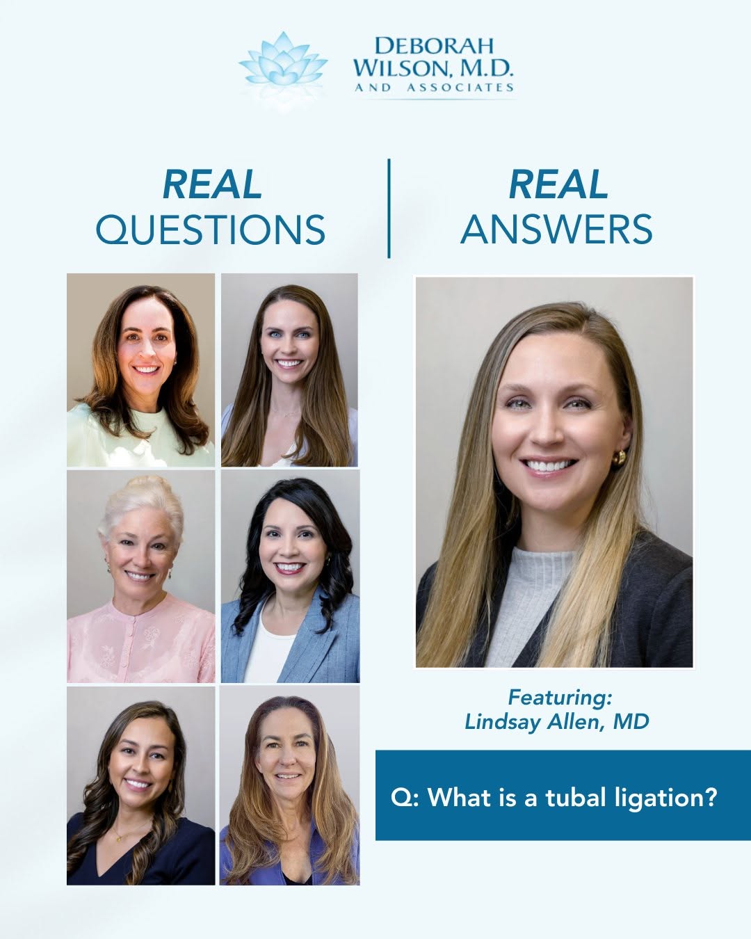 Instagram post by Dr. Deborah Wilson: Q: What is a tubal ligation? A: This is a general term referring to a surgical procedure to sterilize the fallopian tubes. There are actuall…