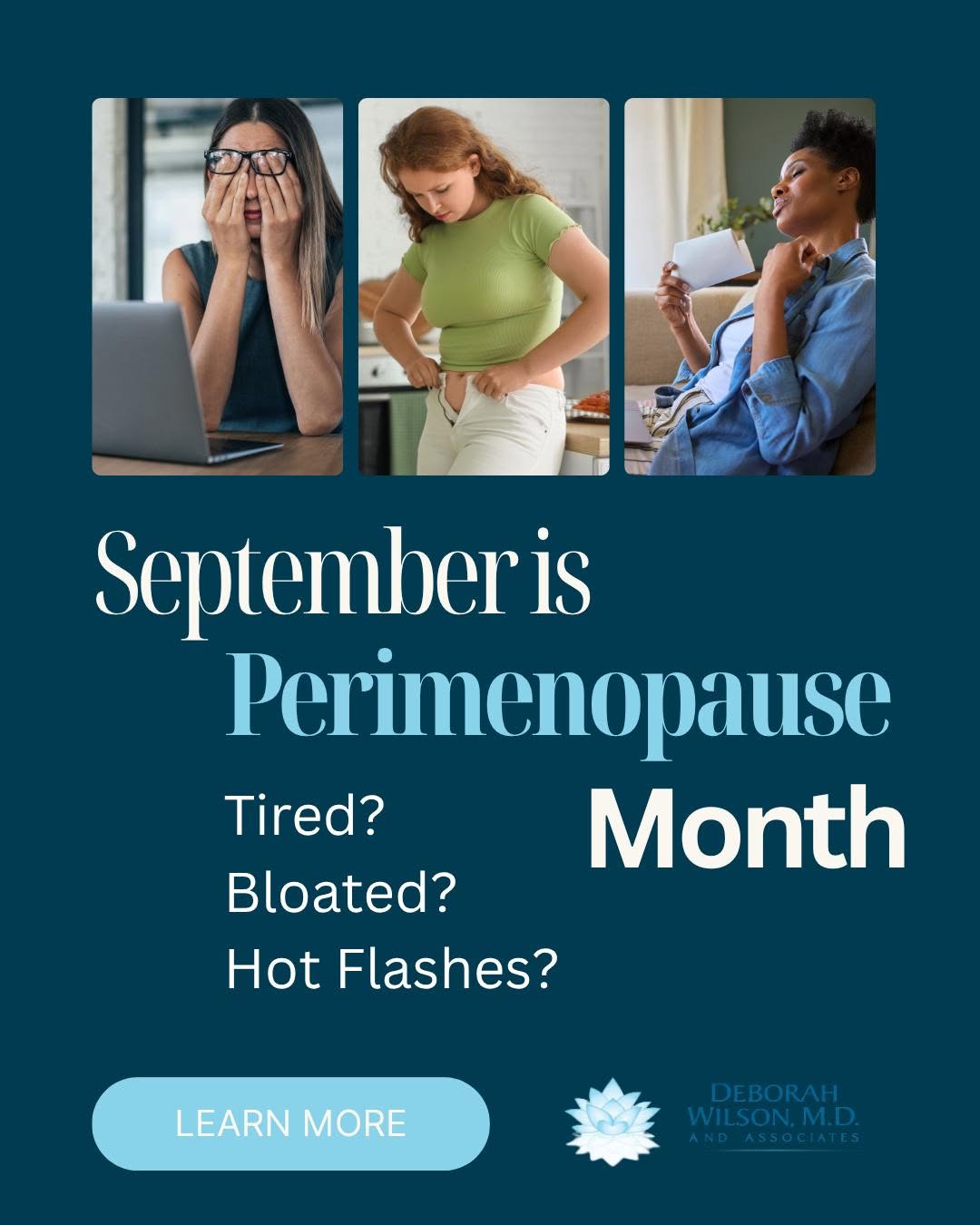 Instagram post by Dr. Deborah Wilson: Perimenopause can begin years before your period officially stops and the symptoms aren’t always what you expect. Changes in sleep, mood, en…