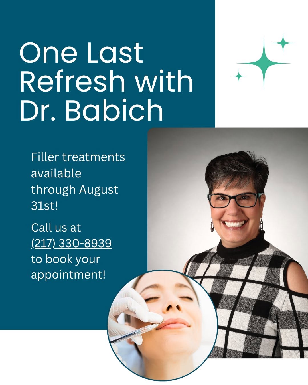 Instagram post by Dr. Debra Babich: A friendly reminder from Dr. Babich 💙 Dr. Babich will be wrapping up all filler treatments by August 31st. If you’ve been thinking about re…