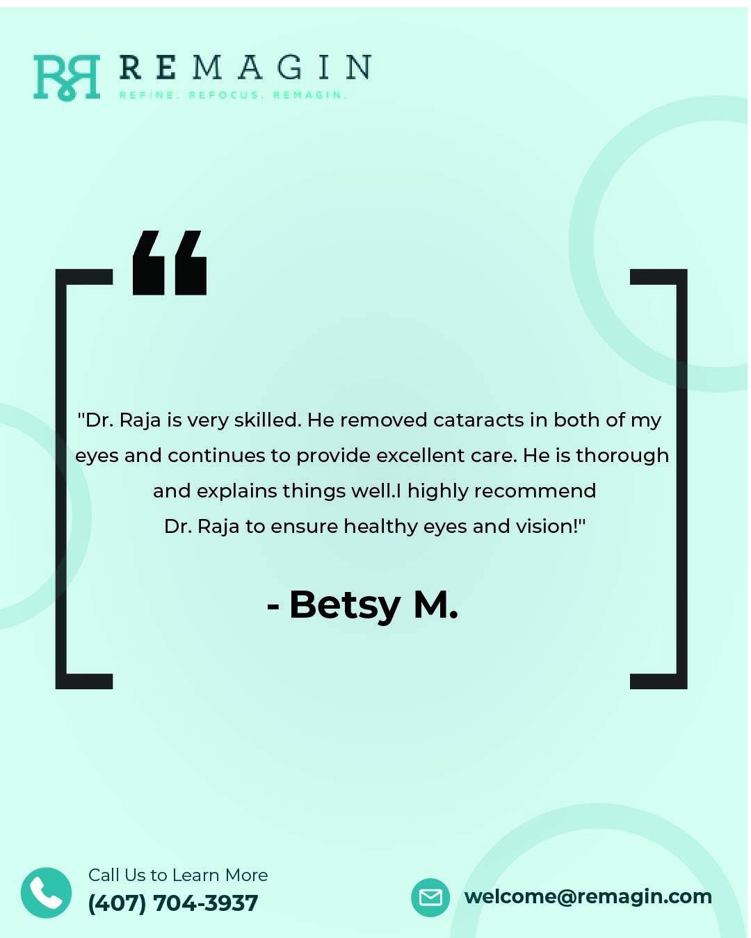 Instagram post by Dr. Deepak Raja: Thank you, Betsy, for sharing your experience. We're honored to be part of our patients' vision care journey, from cataract surgery through …