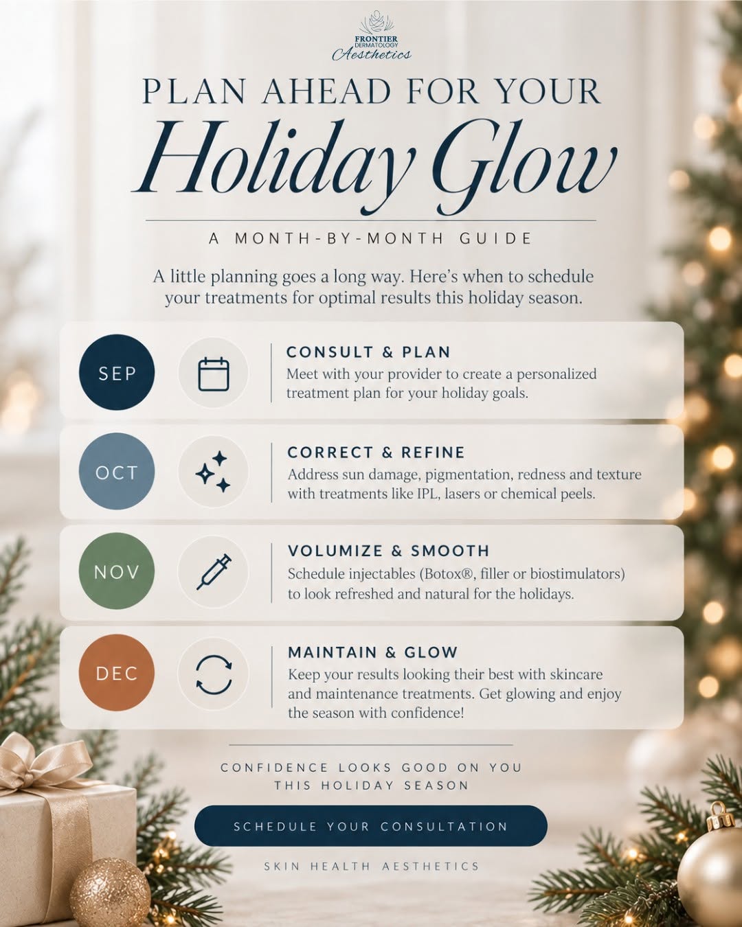 Instagram post by Dr. DeEtta M. Gray: ✨ Plan ahead for your holiday glow! ✨ The holidays may feel far away, but some of your favorite aesthetic treatments take time to deliver th…