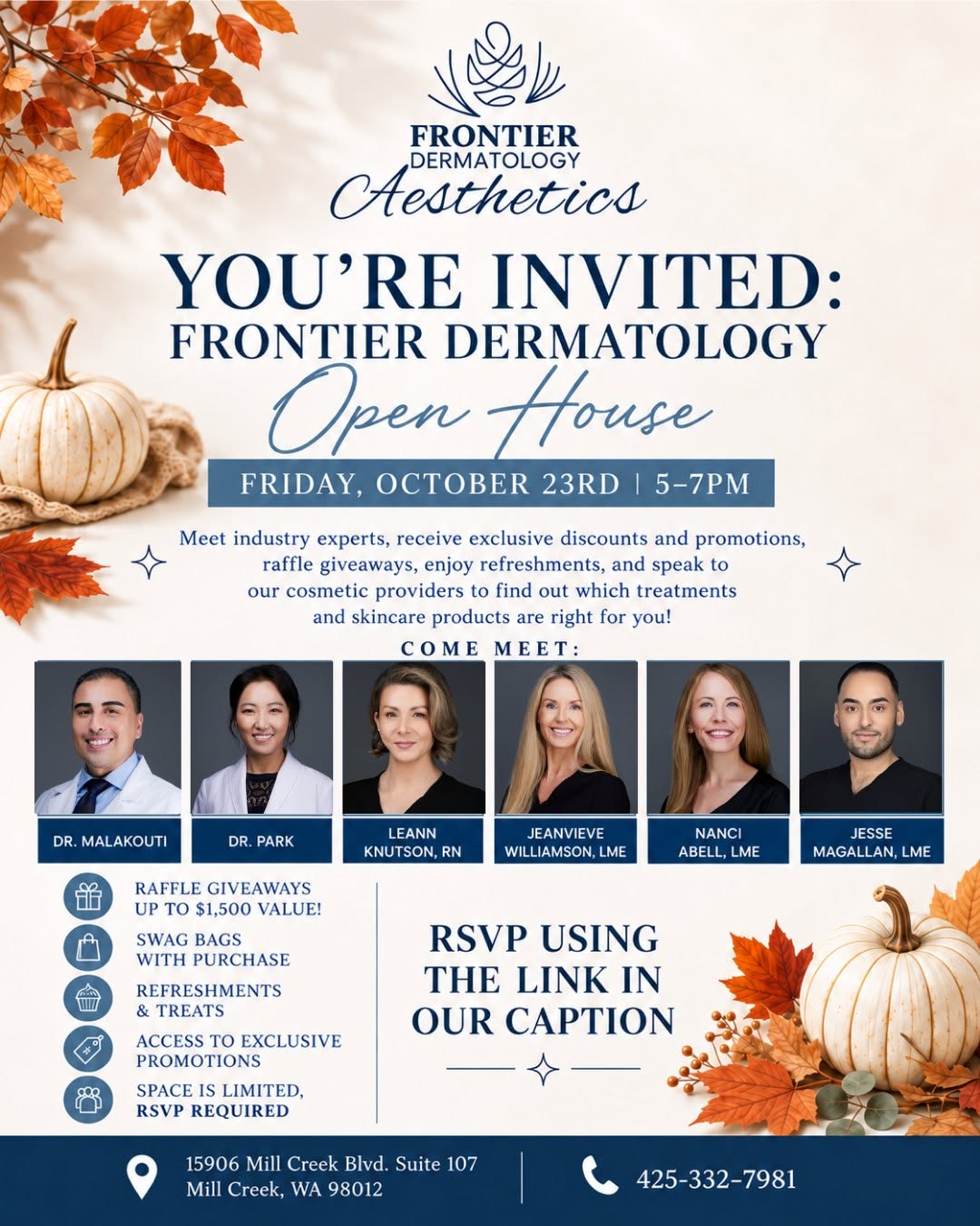 Instagram post by Dr. DeEtta M. Gray: You’re invited to the Frontier Dermatology Aesthetics Open House! ✨ Join us Friday, October 23rd, from 5–7 PM at our Mill Creek location for…