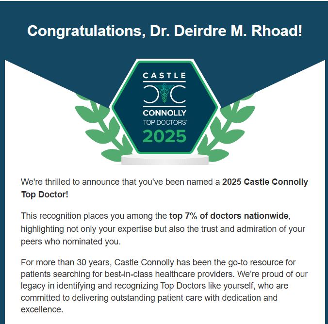 Instagram post by Dr. Deirdre M. Rhoad: Congratulations to Dr. Rhoad on her 7th consecutive nomination as a Castle Connolly Top Doctor! Dr. Rhoad is honored to be recognized annual…