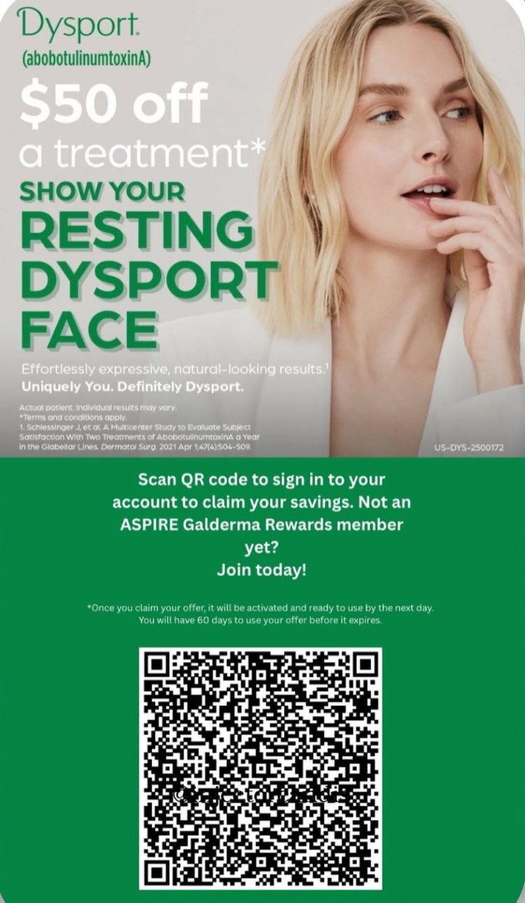 Instagram post by Dr. Deirdre M. Rhoad: FLASH OFFER: $50 off Dysport! Scan this QR code to log in to your Aspire Rewards account and SAVE $50 on Dysport! 🎉 Notes: You must scan th…