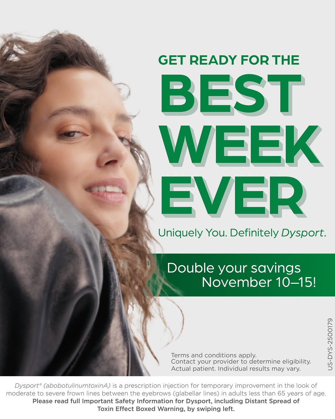 Instagram post by Dr. Deirdre M. Rhoad: DYSPORT Days Are Coming: November 10 to 15, 2025! Your ASPIRE Rewards points are worth double the savings on a qualifying Dysport treatment …
