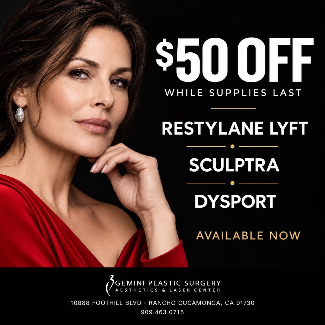 Instagram post by Dr. Della C. Bennett: Refresh your look with limited-time savings at Gemini Plastic Surgery. Receive $50 off: Restylane Lyft · Sculptra · Dysport Schedule your co…