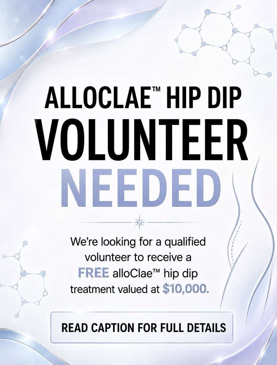 Instagram post by Dr. Demetri Karanzalis, DO: 🚨 VOLUNTEER NEEDED FOR ALLOCLAE™ HIP DIP TREATMENT 🚨 We are selecting one qualified volunteer to receive an alloClae™ hip dip treatment va…