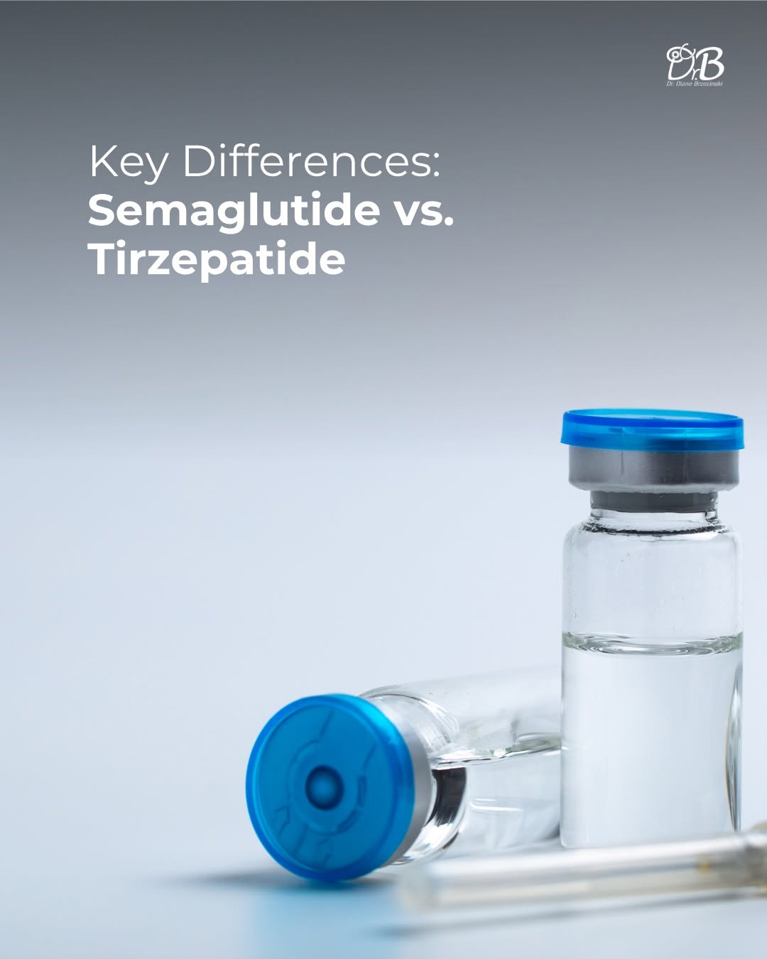 Instagram post by Dr. Diane Brzezinski, DO: Ozempic, Wegovy, Mounjaro, Zepbound: same category, but not the same medication. Both are once-weekly injections. Both work with your body's…