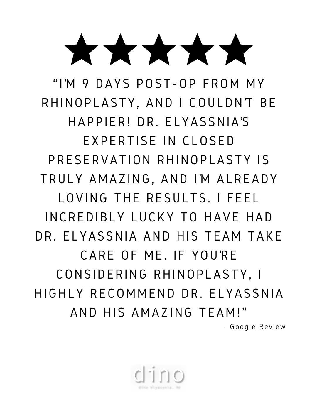 Instagram post by Dr. Dino R. Elyassnia: Thank you for trusting my team and me with your rhinoplasty journey. I'm so glad you're happy with your results so far. They will only conti…