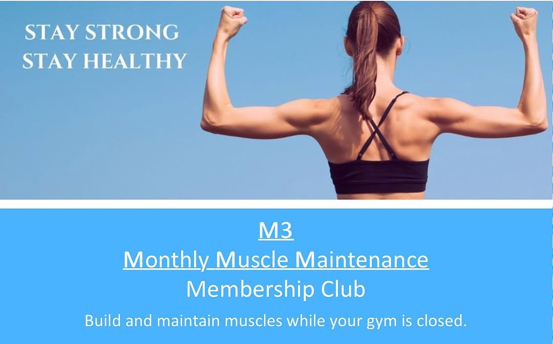 Instagram post by Dr. Divya Railan: Can’t get to the gym? No problem! Introducing M3! Our exciting Monthly Muscle Maintenance Club! 🥳 Now you can build and maintain muscles wh…