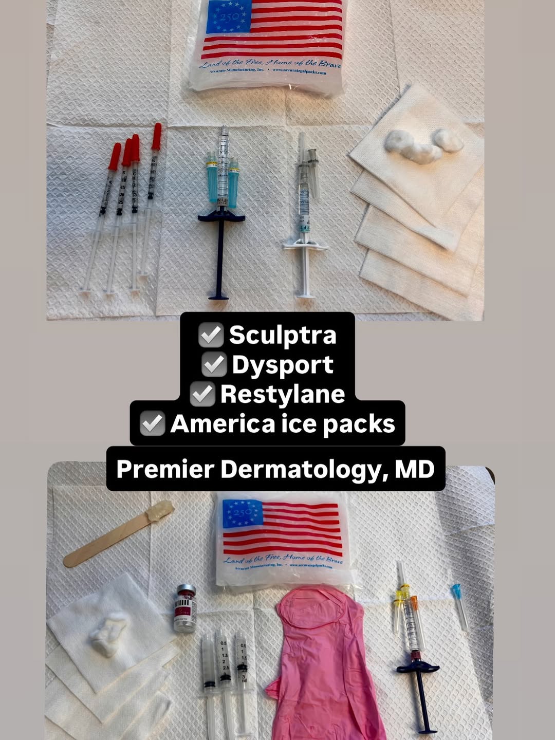 Instagram post by Dr. Donna Bilu Martin: How pdmd gets ready for America's 250th bday- Sculptra, Restylane, Dysport and commemorative pdmd ice packs! Have you scheduled your summer …