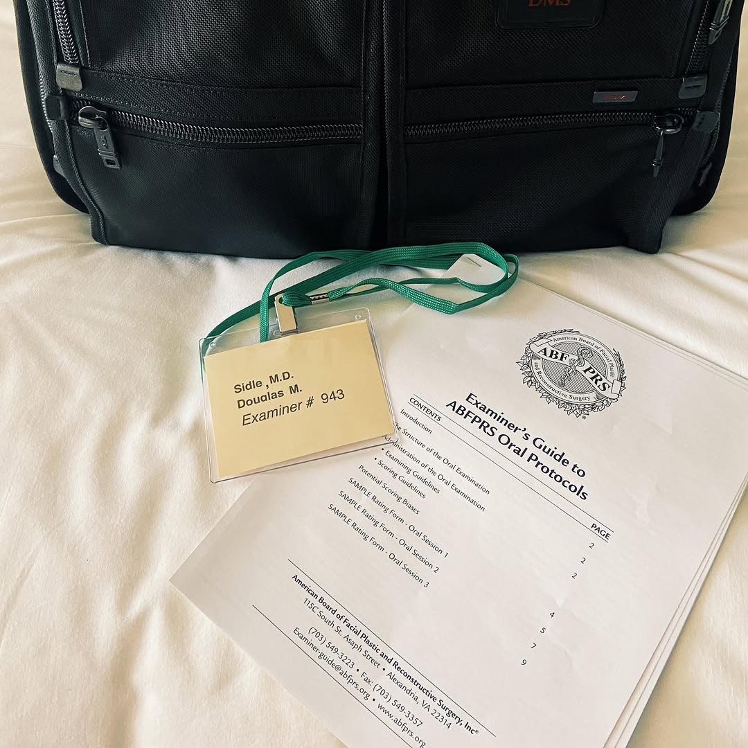 Instagram post by Dr. Douglas Sidle: So proud to be one of the Examiners for the ABFPRS Oral Board Exams. I am honored to work alongside so many prestigious Facial Plastic Surge…