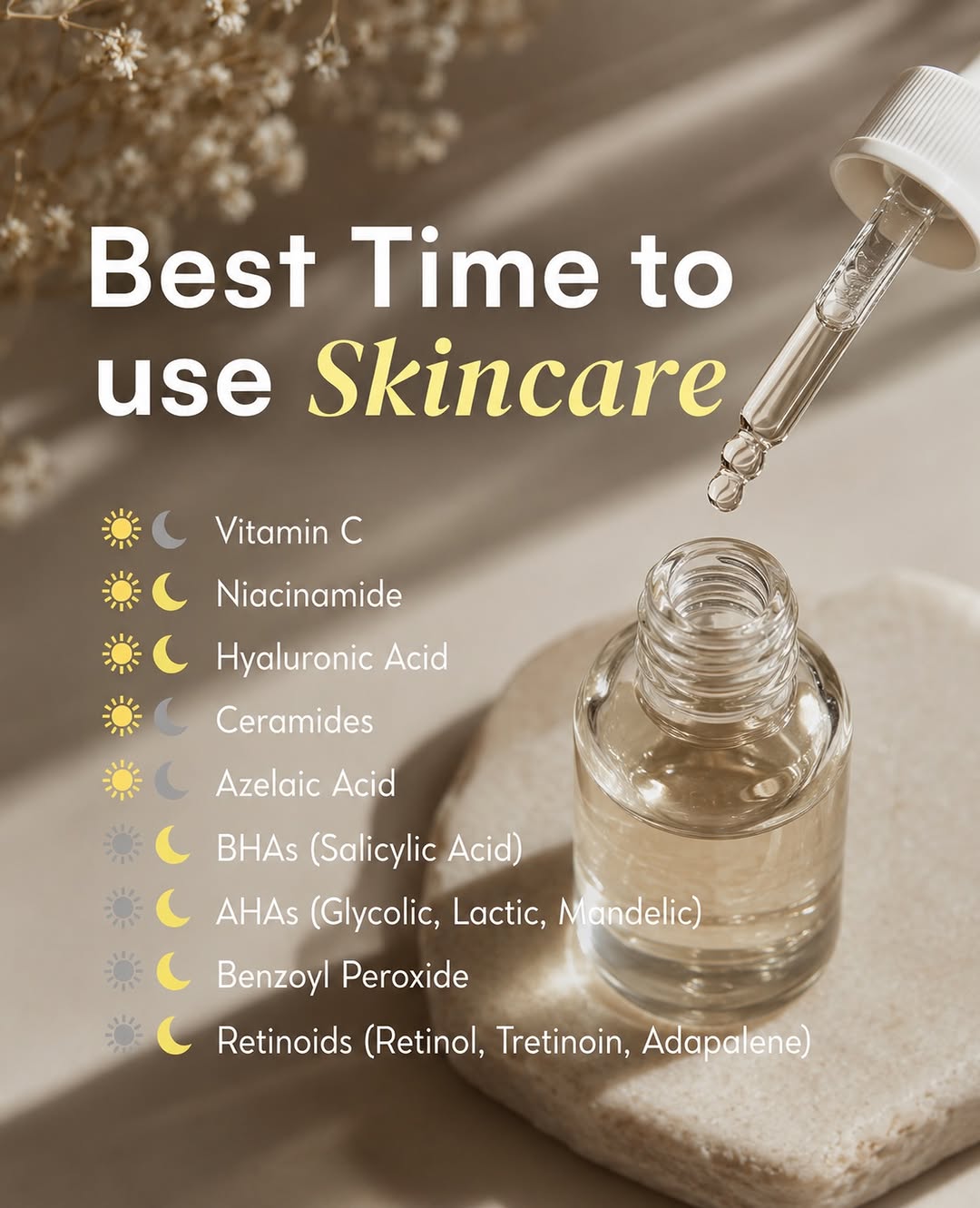 Instagram post by Dr. Douglass W. Forsha: 💧The best times of day to use skincare products, from Vitamin C to Retinoids #skincaretips #skincare #cosmetics #dermatology #skincarerouti…