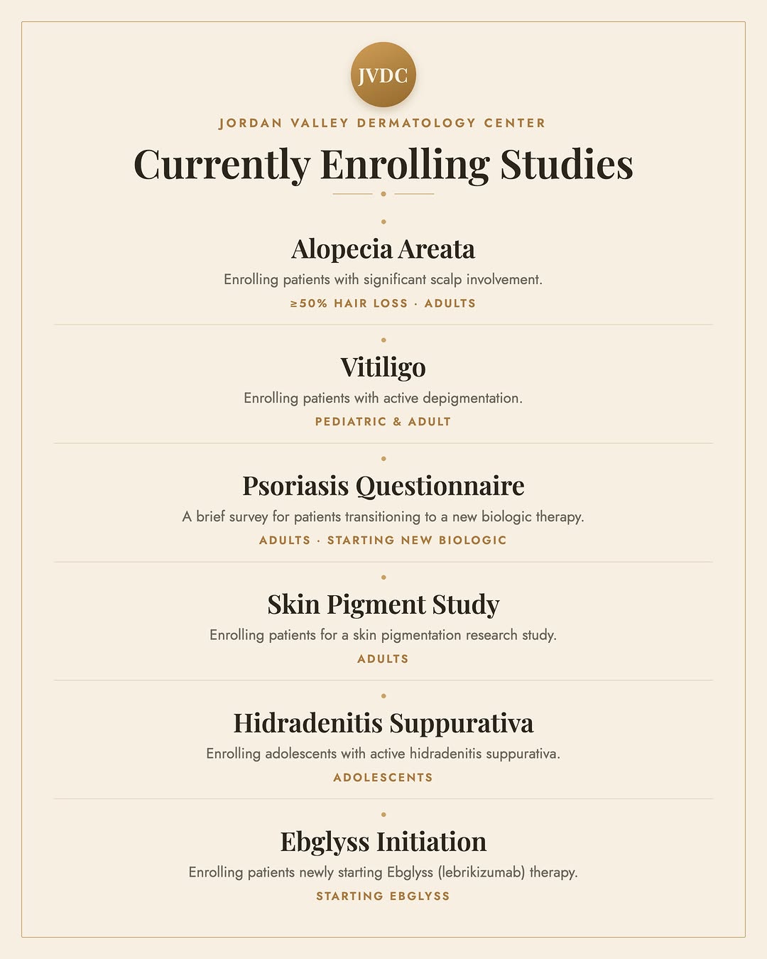 Instagram post by Dr. Douglass W. Forsha: 📍Now enrolling at Jordan Valley Dermatology Center: If you or someone you know is managing one of these conditions, you may qualify to part…