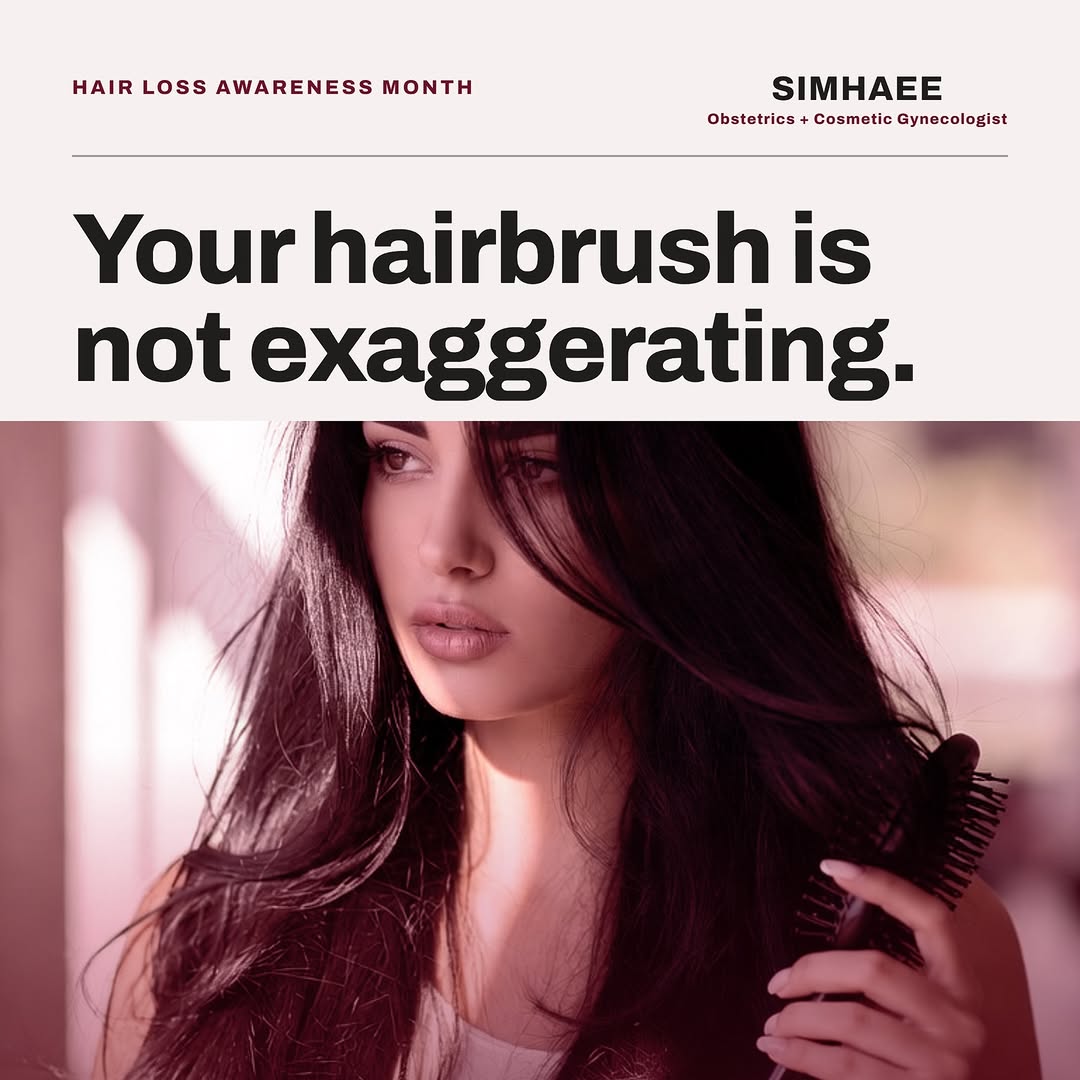 Instagram post by Dr. E. Jacob Simhaee: Your hairbrush isn’t exaggerating. 🪞 Hair loss doesn’t wait for a convenient moment. Postpartum, perimenopause, stress, PCOS, thyroid, gene…