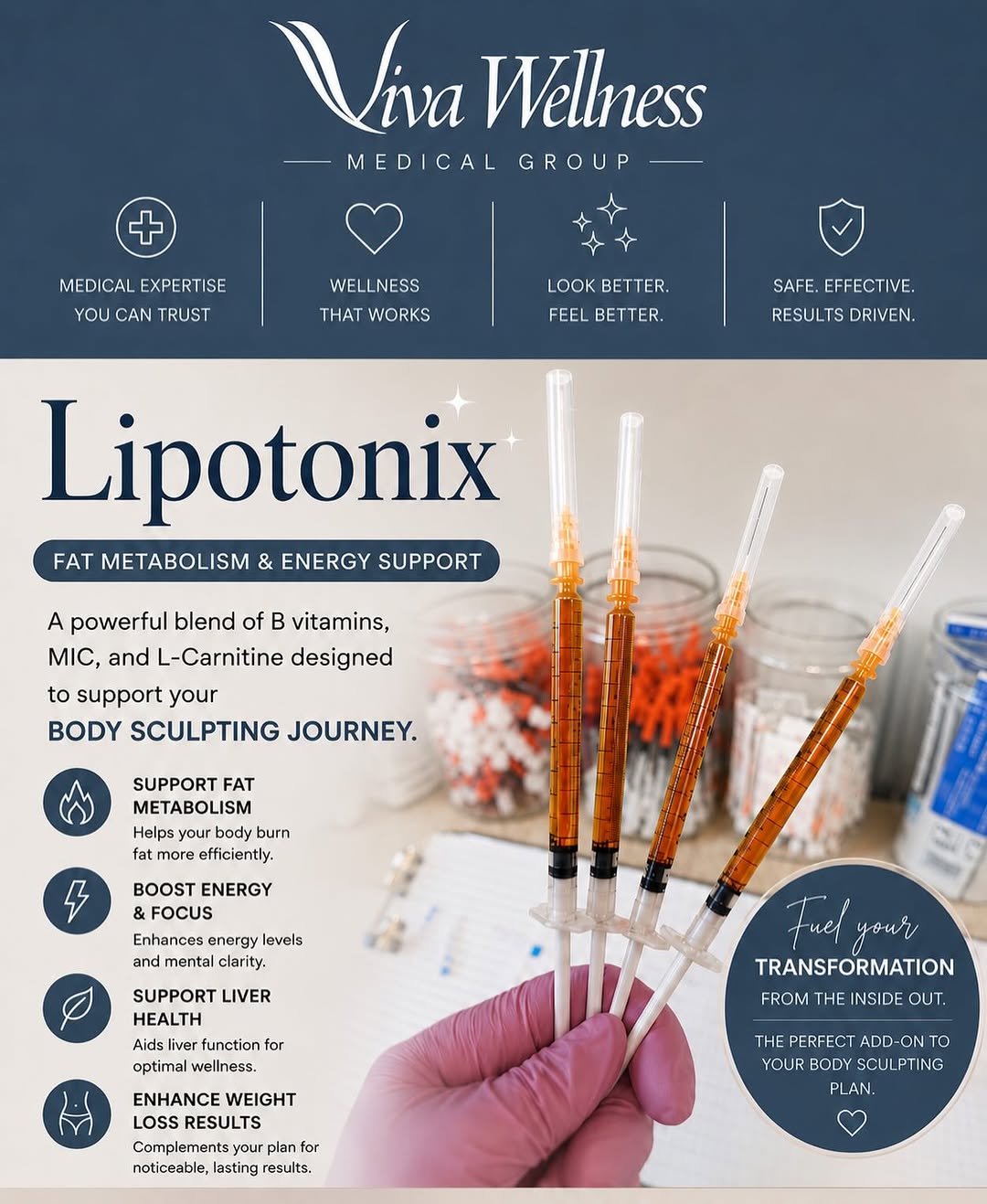 Instagram post by Dr. E. Michael Tachuk: Looking to maximize your body sculpting results? ✨ Lipotonix is a wellness injection formulated with MIC, B Vitamins, and L-Carnitine to sup…