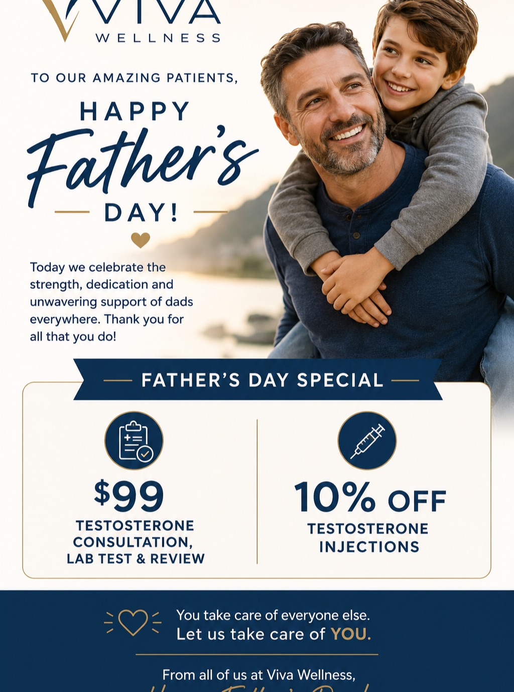 Instagram post by Dr. E. Michael Tachuk: 🎉 Father's Day Special at Viva Wellness! 🎉 Boost your health and vitality with our Father's Day Promotion: $99 Testosterone Consultation, …