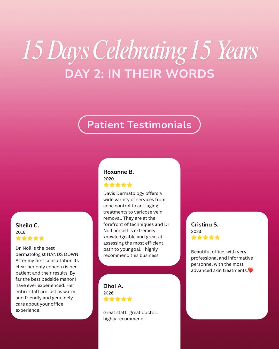 Instagram post by Dr. Earlyn Noll: 15 Days Celebrating 15 Years, Day 2! For 15 years, we’ve had the privilege of caring for patients throughout Davis and beyond. Through every…