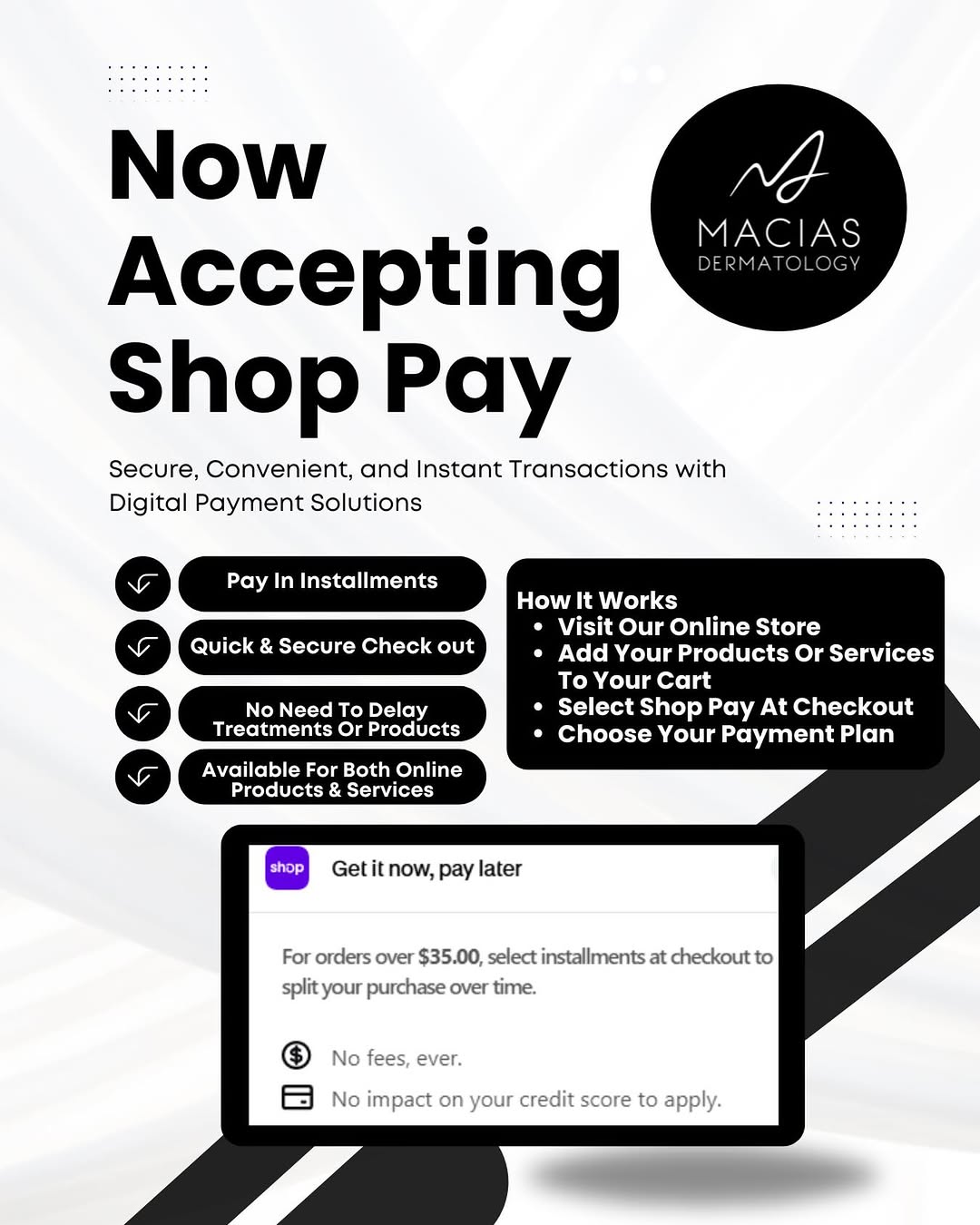 Instagram post by Dr. Edgar Sinai Macias: 🛍️ Now Accepting Shop Pay 🛍️ •Pay over time with Shop Pay •Now available for products & service (Online Only) •Visit our website shop.maci…