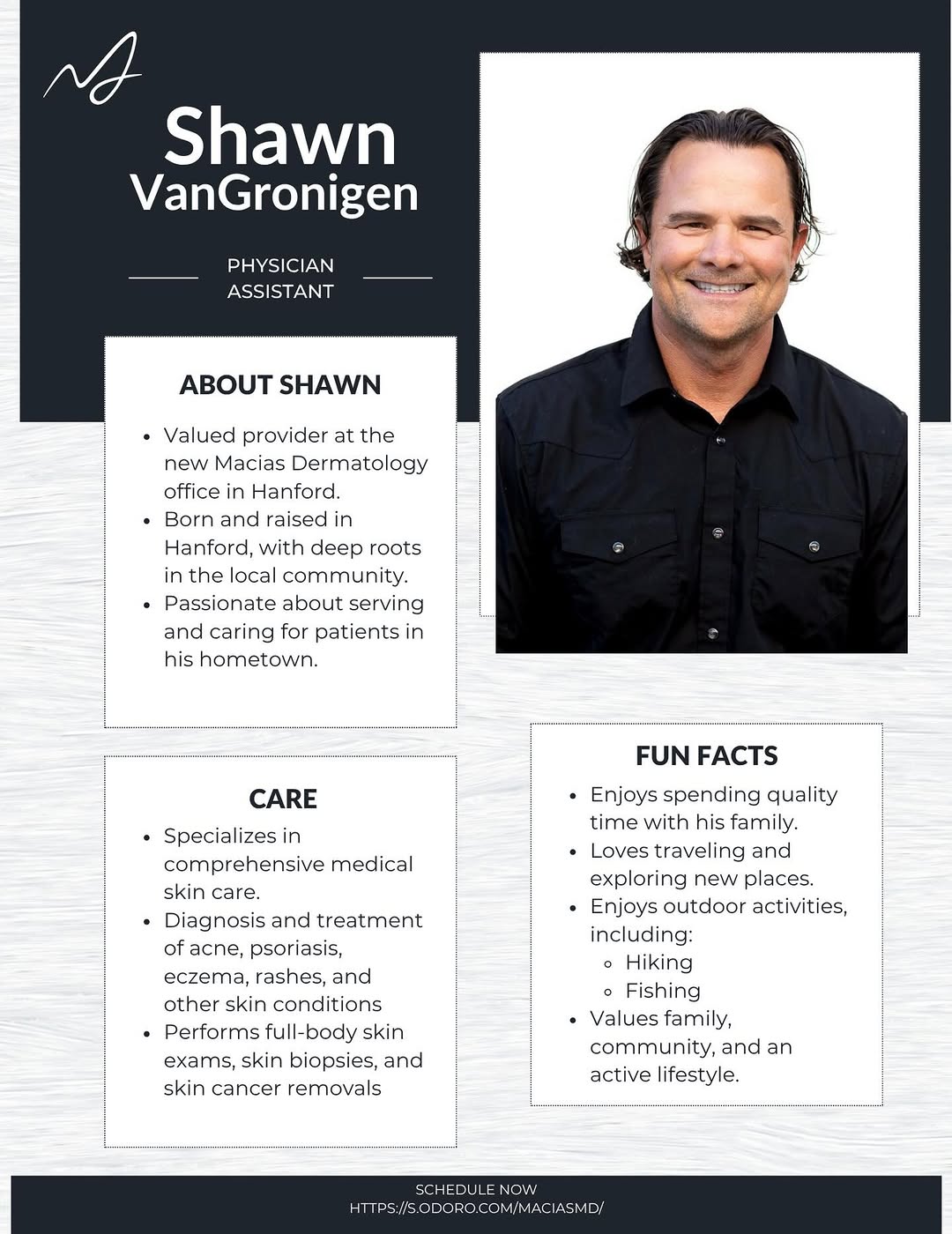 Instagram post by Dr. Edgar Sinai Macias: Ready to schedule with Shawn? We’re excited to welcome Shawn VanGronigen, PA-C, to our Hanford location opening in August 2026! Shawn will b…