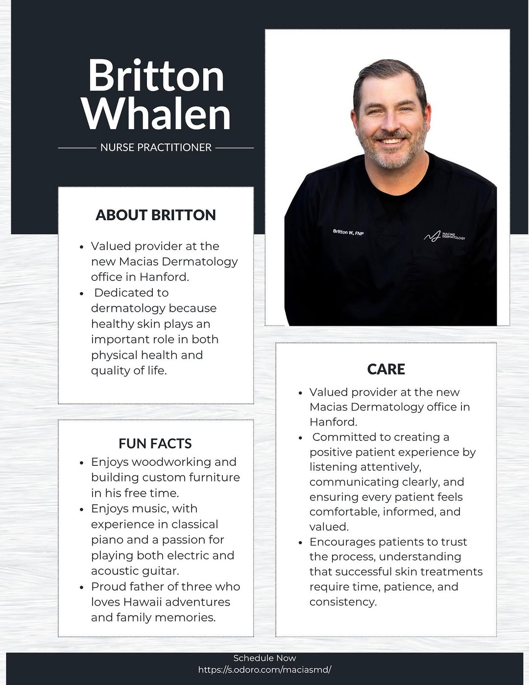 Instagram post by Dr. Edgar Sinai Macias: We’re excited to welcome Britton Whalen, NP, to our Hanford location opening in August 2026! Britton will be providing dermatology care and …