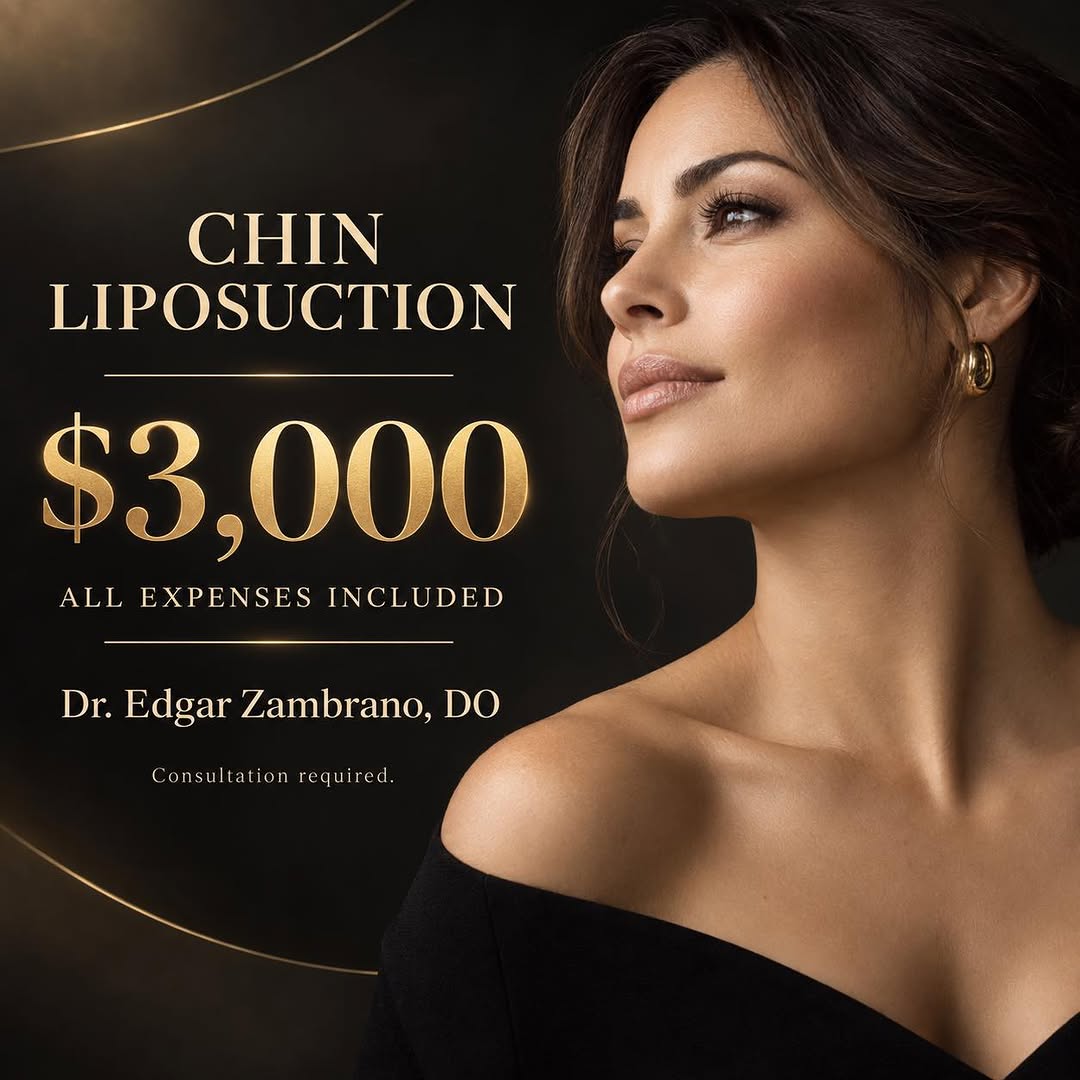 Instagram post by Dr. Edgar Zambrano, DO: OCTOBER ONLY ✨ Chin Liposuction — $3,000 All-Inclusive Achieve a slimmer, more defined jawline with chin liposuction. Your $3,000 price incl…