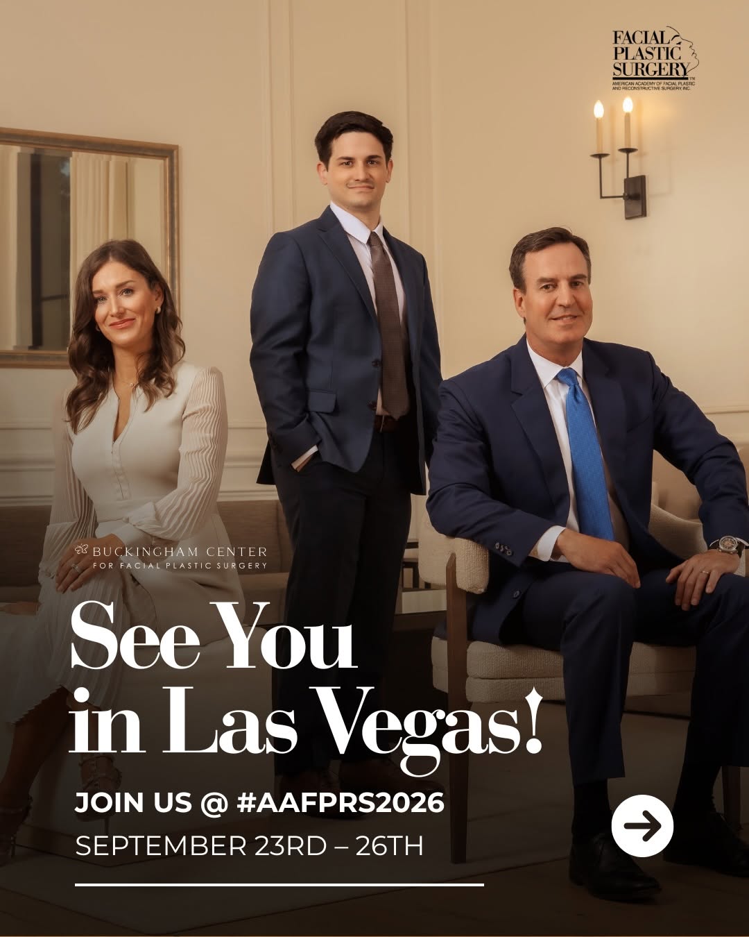 Instagram post by Dr. Edward Buckingham: Vegas bound! ✈️ This month, Dr. Ed Buckingham, Dr. Erin Smith, and Dr. Hudson Frey will represent Buckingham Center at the 2026 AAFPRS Annua…