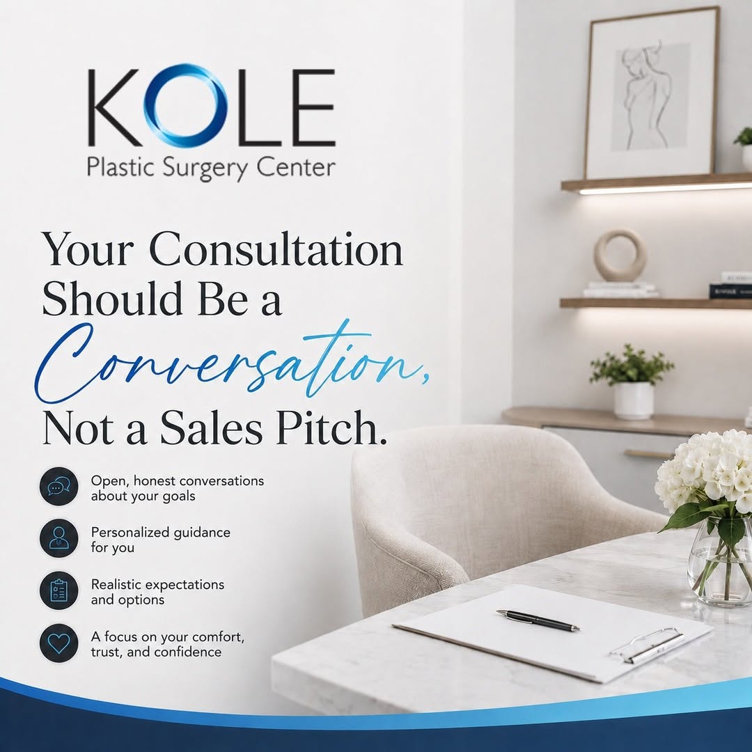 Instagram post by Dr. Edward Kole, DO: Your consultation should be a conversation, not a sales pitch. Plastic surgery is personal. You deserve time to ask questions, explain your …