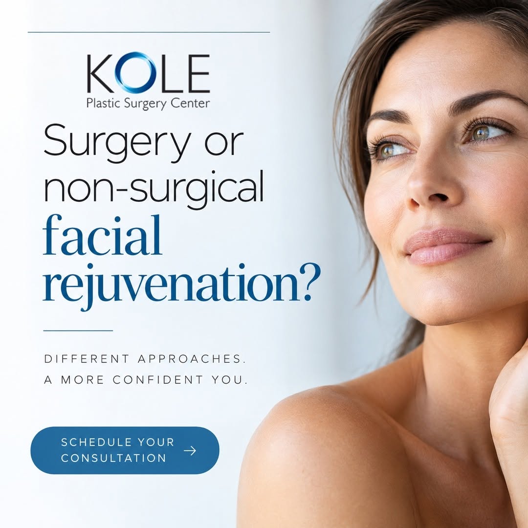 Instagram post by Dr. Edward Kole, DO: 𝗦𝘂𝗿𝗴𝗲𝗿𝘆 𝗼𝗿 𝗻𝗼𝗻-𝘀𝘂𝗿𝗴𝗶𝗰𝗮𝗹 𝗳𝗮𝗰𝗶𝗮𝗹 𝗿𝗲𝗷𝘂𝘃𝗲𝗻𝗮𝘁𝗶𝗼𝗻? 👇 There isn't a universal answer. Non-surgical treatment…