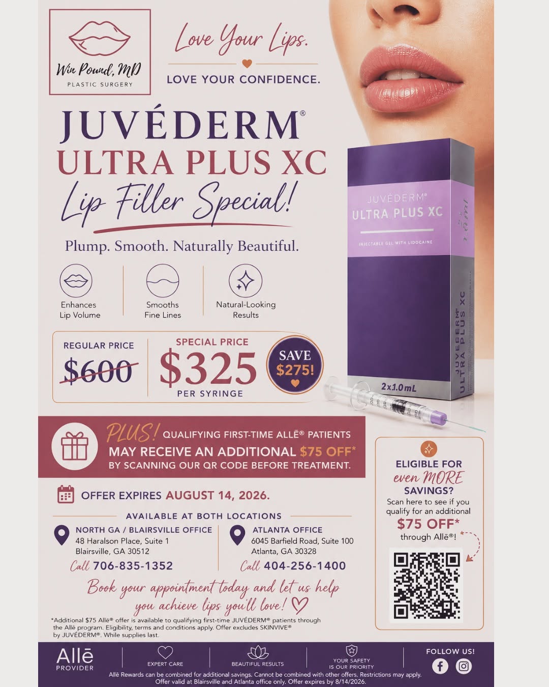 Instagram post by Dr. Edwin C. Pound, III: 💋 LOVE YOUR LIPS. LOVE YOUR CONFIDENCE. 💜 Now is the perfect time to treat yourself with our JUVÉDERM® Ultra Plus XC Lip Filler Special! ✨…