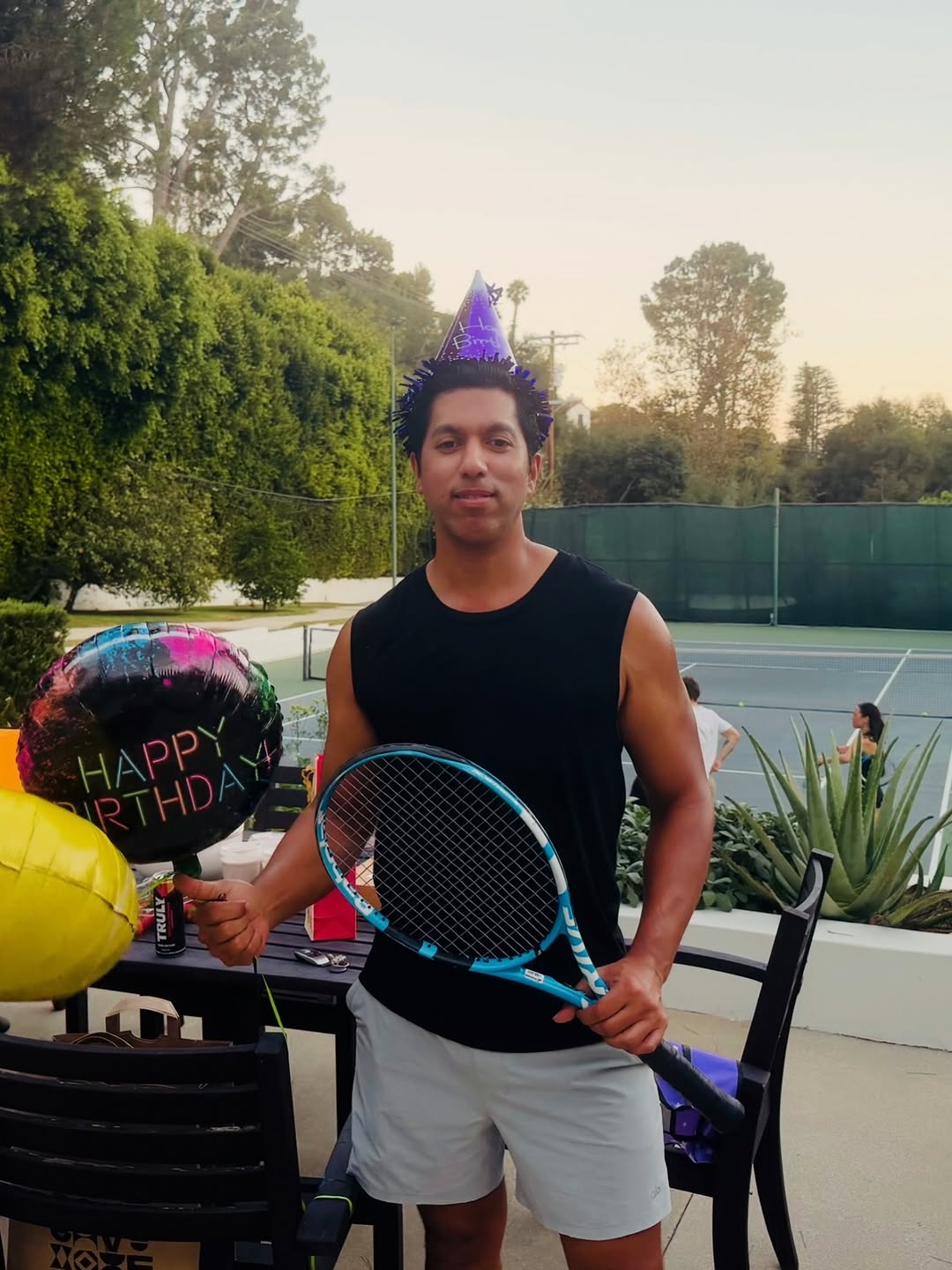 Instagram post by Dr. Ehsan Ali: Tennis + balloons + cake + dj + food = great birthday. Everyone should try it once . #tennis #birthday #leo #party #mansion