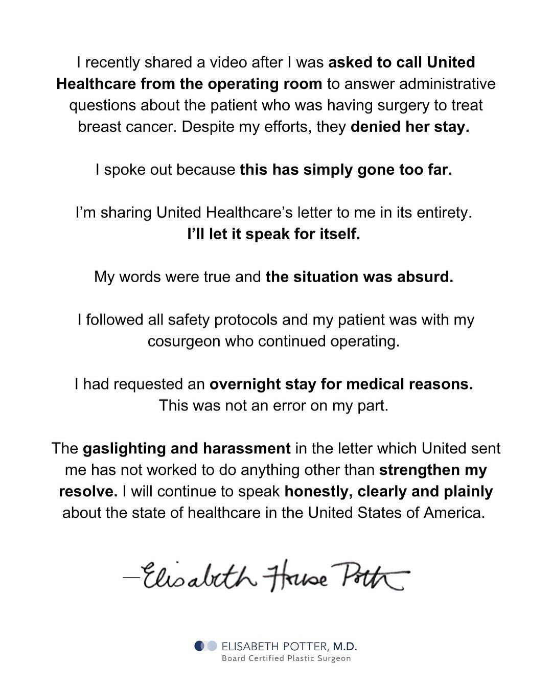 Instagram post by Dr. Elisabeth Potter: UnitedHealthcare’s Response: Read It for Yourself My statement regarding UnitedHealthcare sending me a Legal Letter & Denying My Patient’s S…