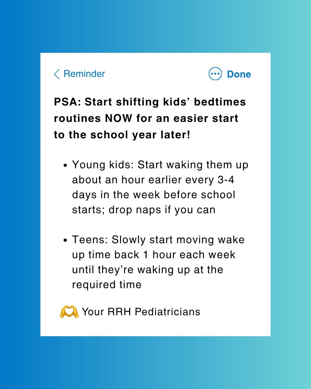 Instagram post by Dr. Elizabeth Arthur: 📣 Parent PSA from RRH Pediatricians: If the first day of school is around the corner, now's the time to start adjusting sleep schedules. A …