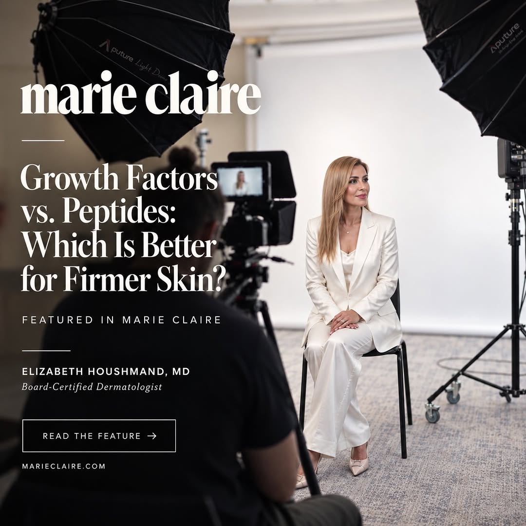 Instagram post by Dr. Elizabeth Bahar Houshmand: Peptides or growth factors which is actually better for firmer skin? 👀 I recently spoke with Marie Claire about two of the most talked-abou…