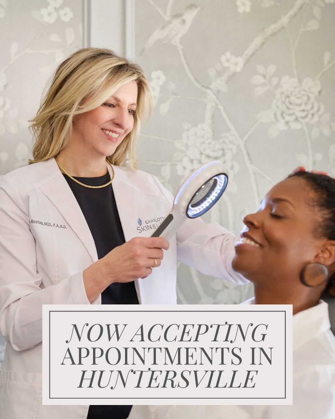 Instagram post by Dr. Elizabeth F. Rostan: The moment you’ve been waiting for is here. Charlotte Skin & Laser is officially coming to Huntersville—and we are now accepting appointment…