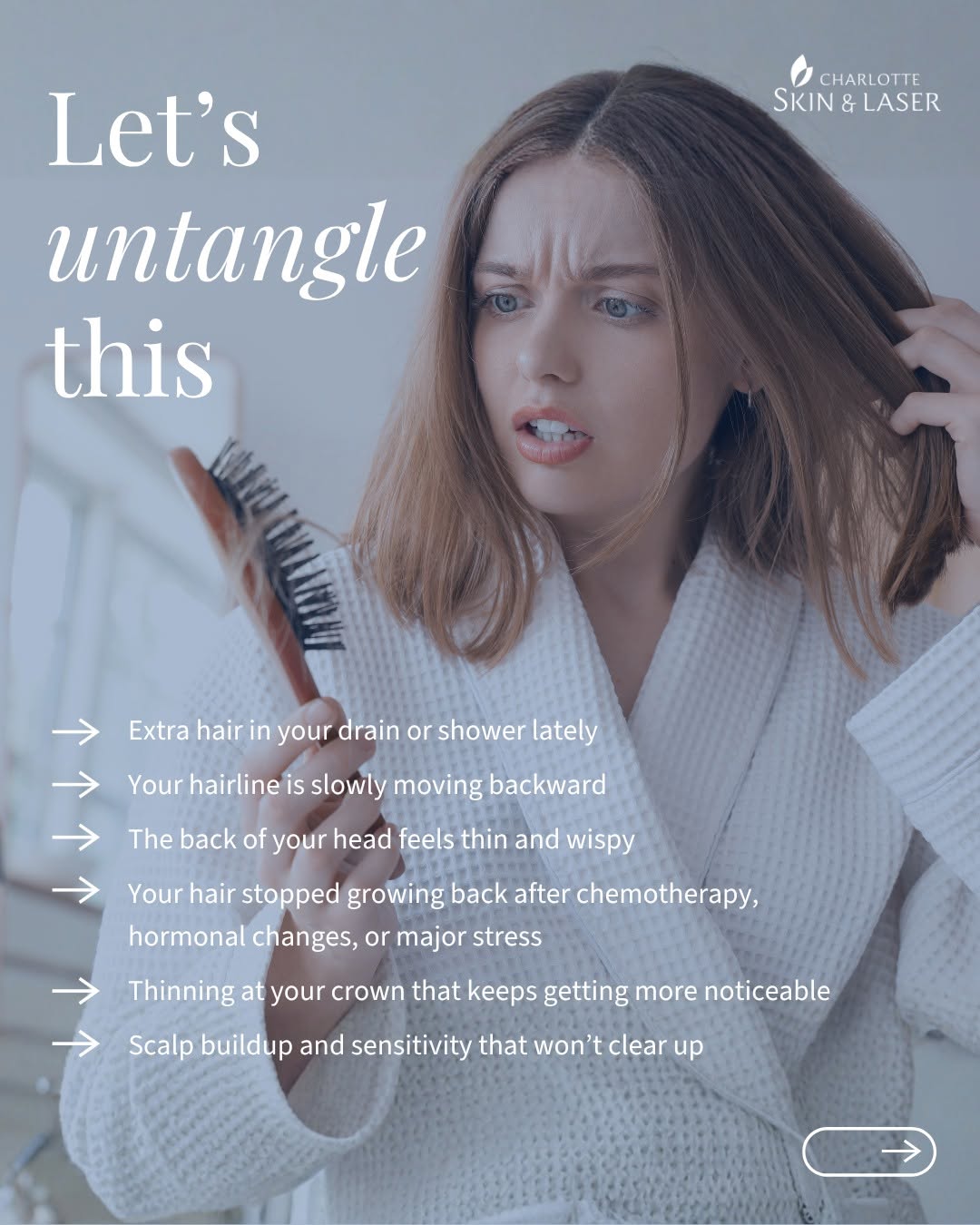 Instagram post by Dr. Elizabeth F. Rostan: Are you experiencing any of these hair loss symptoms? You're not alone, and our team at Charlotte Skin & Laser is here to help. In episode 4…