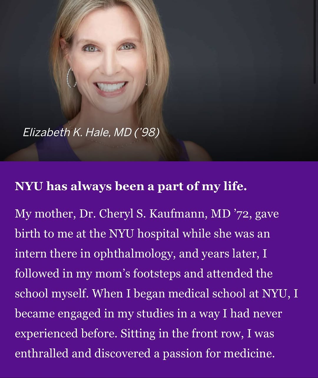 Instagram post by Dr. Elizabeth K. Hale: Next week, I will begin my term as alumni president for the NYU Grossman School of Medicine. It is a true honor and a privilege to assume th…