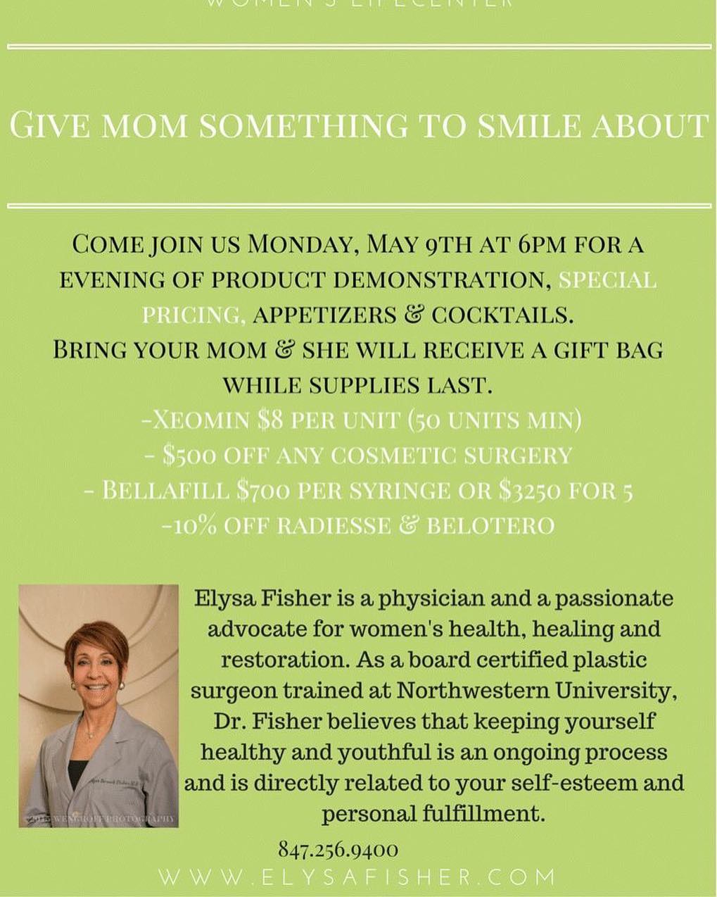 Instagram post by Dr. Elysa Fisher: Join us Monday, May 9th at 6pm for a evening of product demonstration, special pricing, appetizers & cocktails! RSVP TODAY! 847.256.9400 #pl…