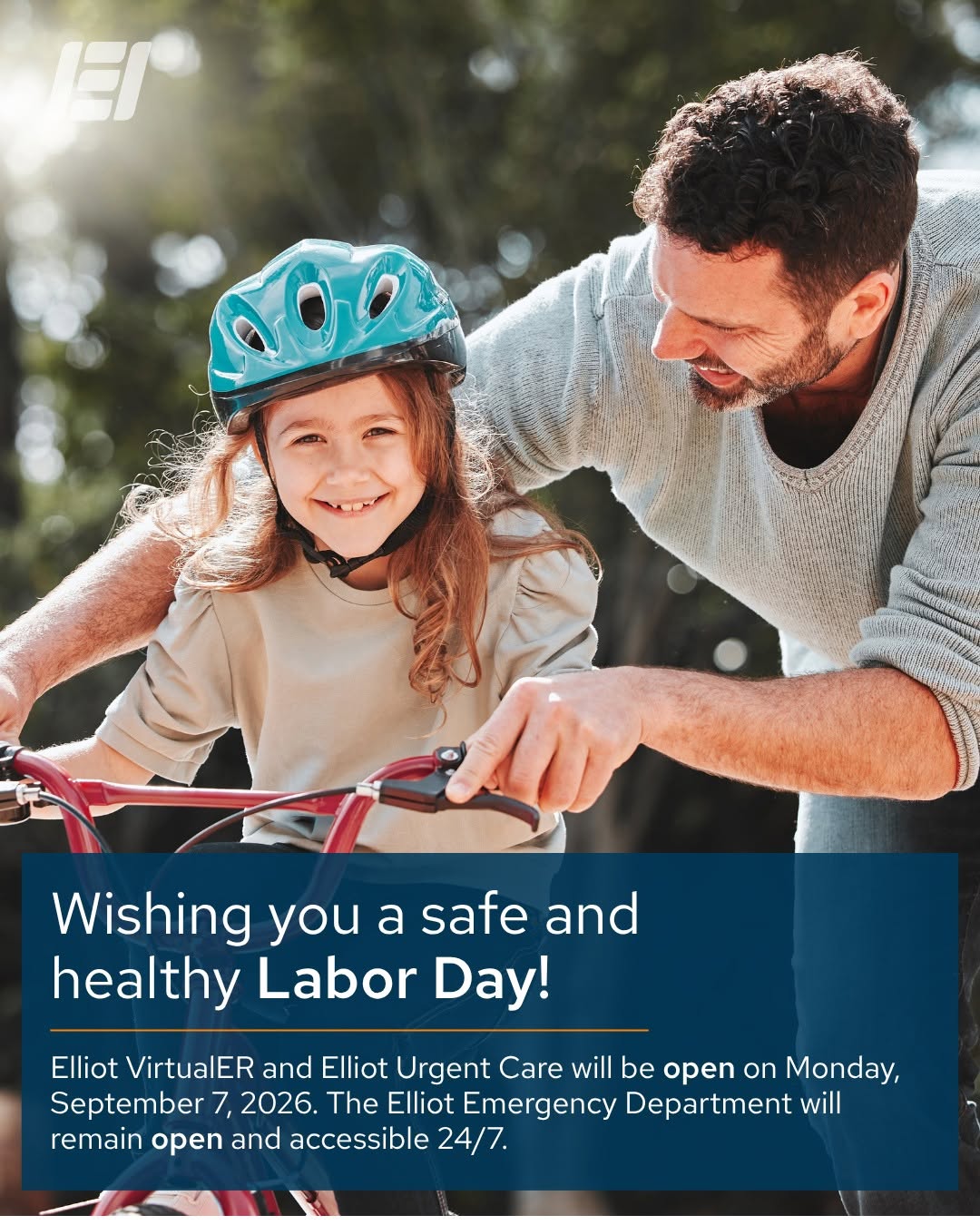 Instagram post by Dr. Emese Kalnoki: Happy Labor Day from Elliot Health System! Today, we celebrate the dedication and hard work of those who help keep our communities strong, i…