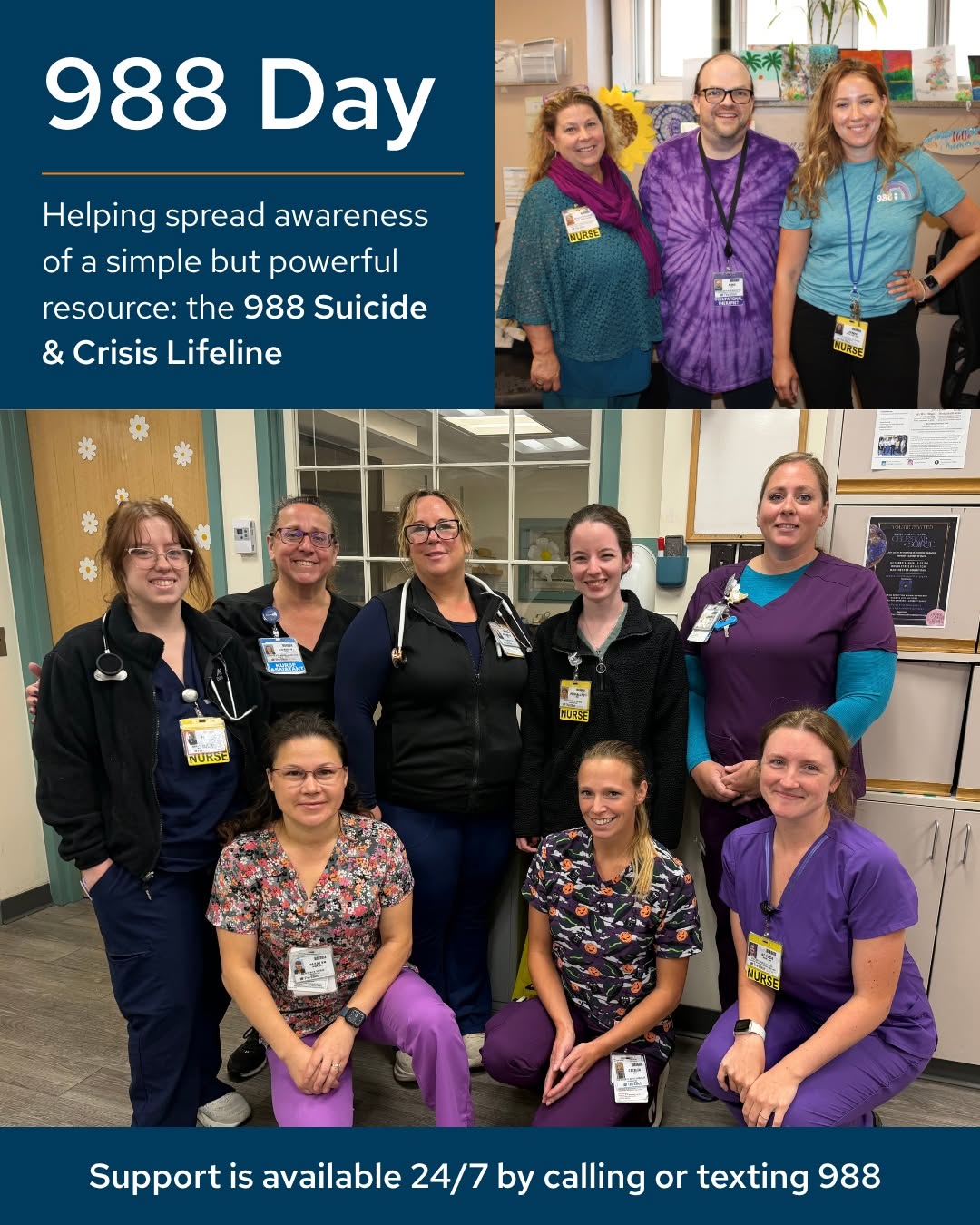 Instagram post by Dr. Emese Kalnoki: On #988Day, we're helping spread awareness of a simple but powerful resource: the 988 Suicide & Crisis Lifeline. Today, members of our Behav…