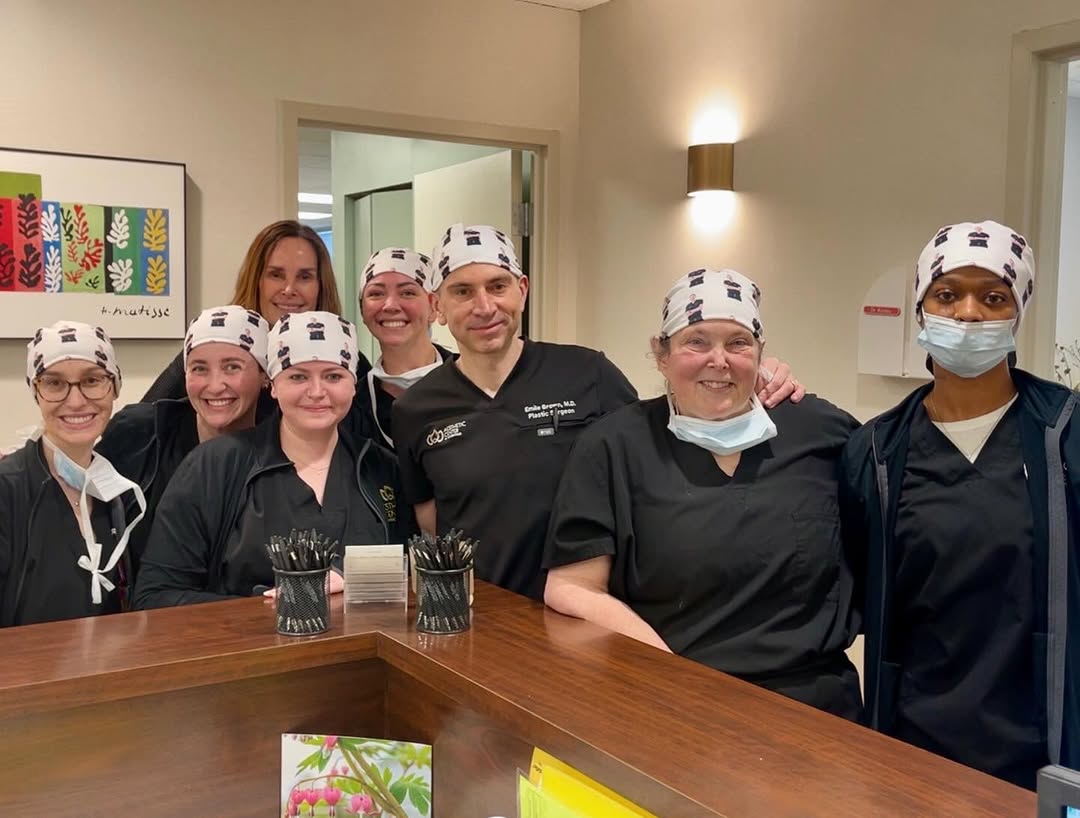 Instagram post by Dr. Emile Brown: Custom scrub hats from all the surgery center staff. Thanks guys!!! You crack me up!!! 😂😂😂😂
