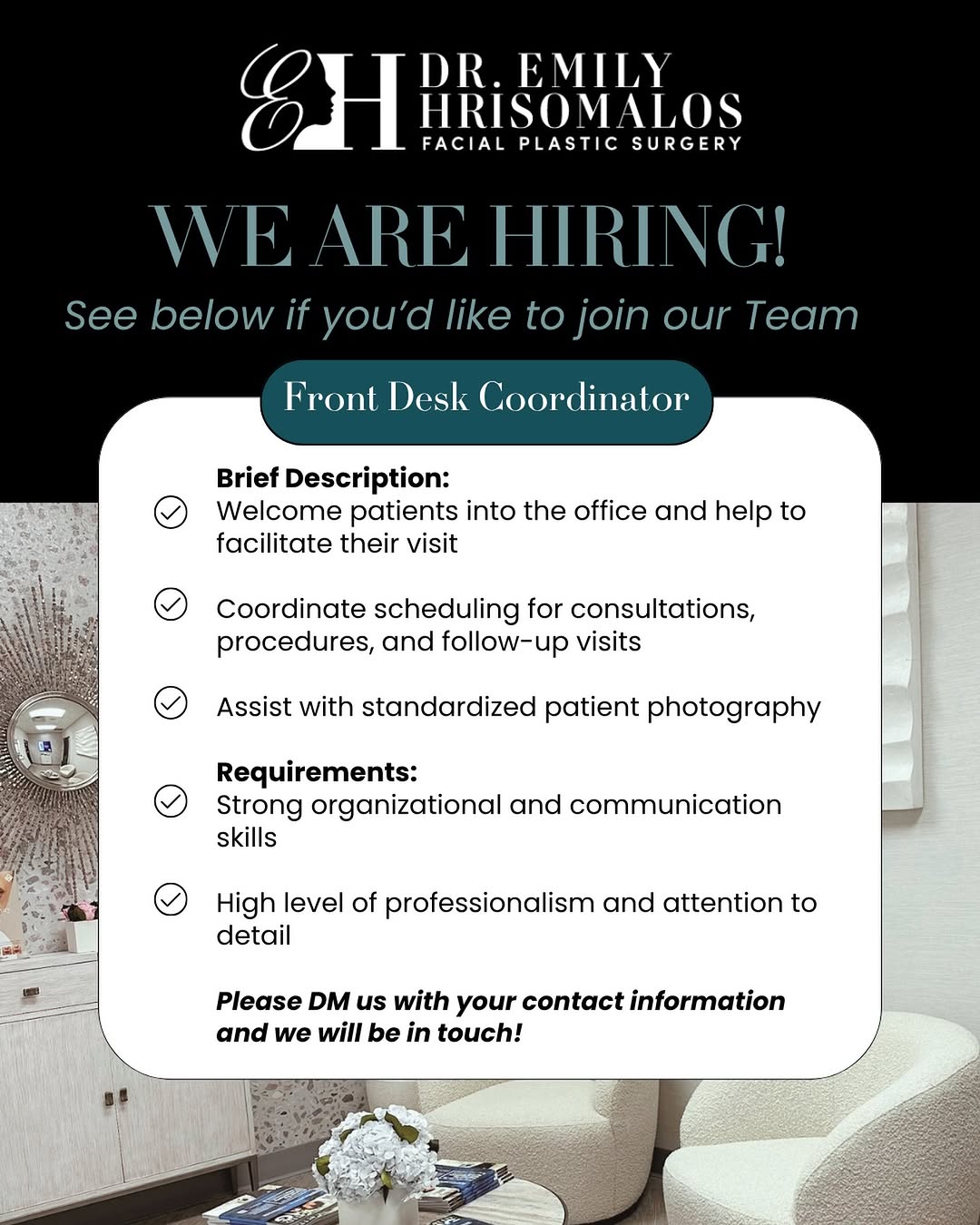 Instagram post by Dr. Emily Hrisomalos: We’re growing and looking for someone exceptional to join us. 🤍 We’re hiring a Front Desk Coordinator to be one of the first faces our pati…