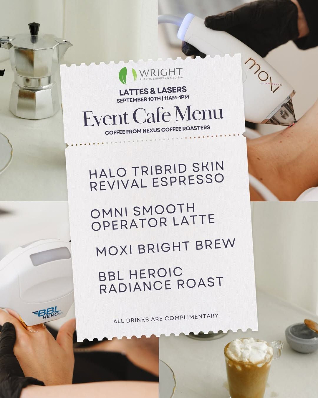 Instagram post by Dr. Eric Wright: Sip, glow, and save! ☕ ✨ Lattes & Lasers is happening TOMORROW! Join us for a relaxing day where expert skincare meets your favorite coffee …