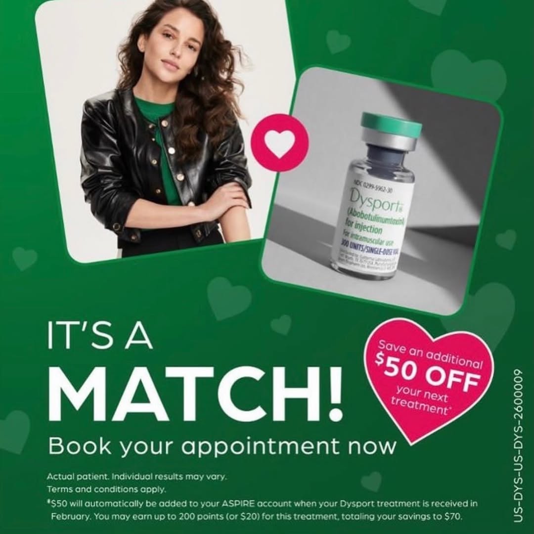 Instagram post by Dr. Eric Wyble: Starting today! Any patient treated with Dysport in the month of February ( must log the treatment in aspire ) will receive an additional $5…